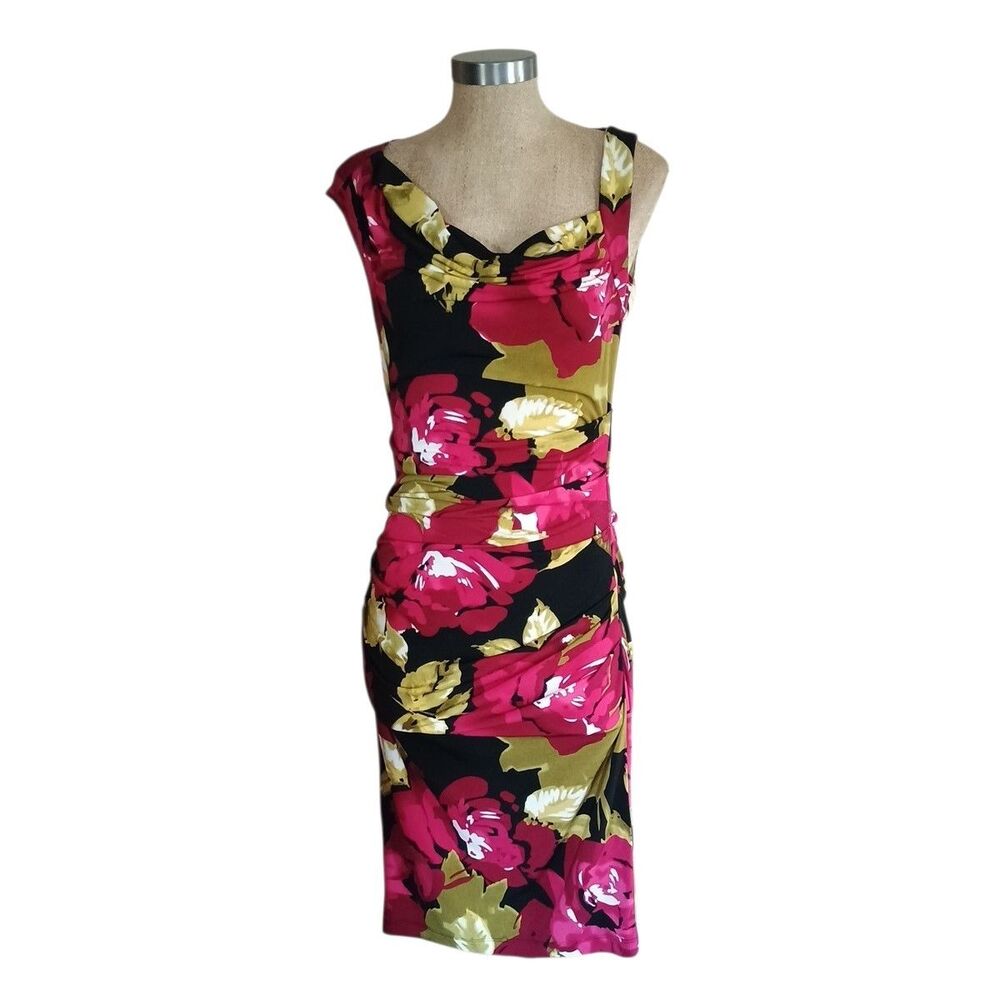 London Times Dress Womens Size 8 Red Olive Green Floral Stretch Ruching Bodycon
